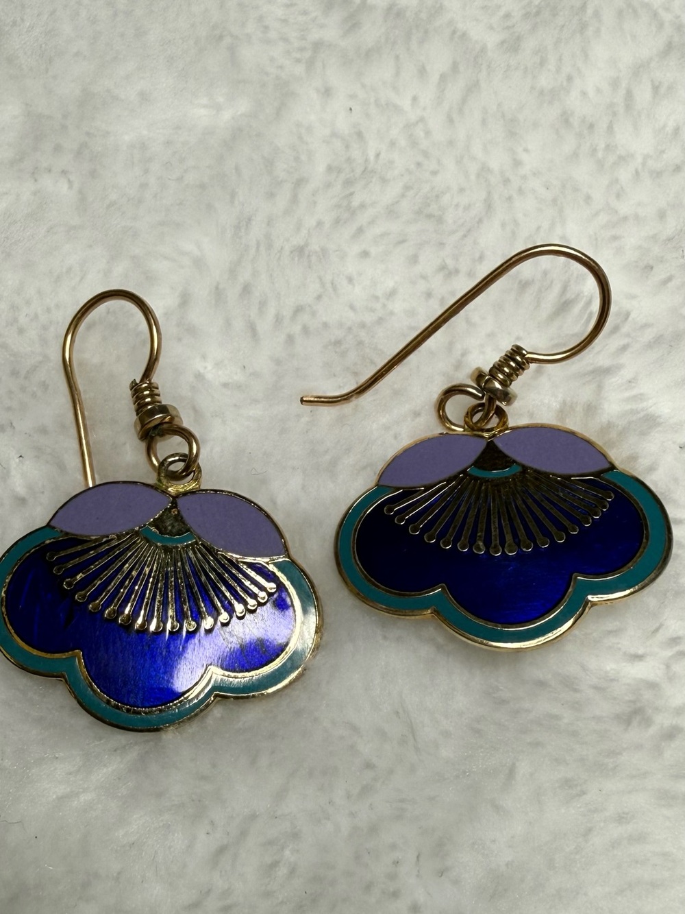 Gold-Tone Blue & Lavender Enamel Fan Drop Earrings - Picture 4 of 5